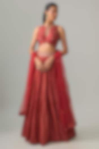Maroon Dupion Silk Mirror & Zari Embroidered Lehenga Set by Drishti & Zahabia at Pernia's Pop Up Shop
