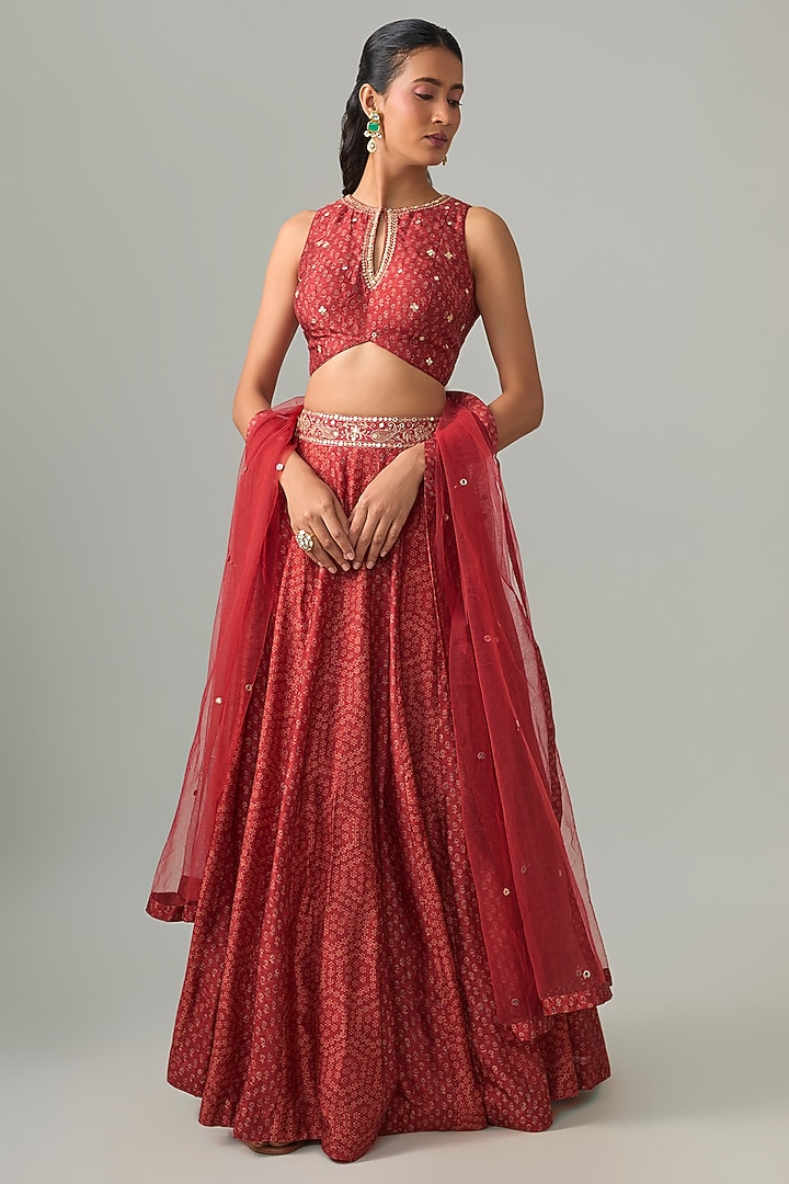 Maroon Dupion Silk Mirror & Zari Embroidered Lehenga Set by Drishti & Zahabia at Pernia's Pop Up Shop