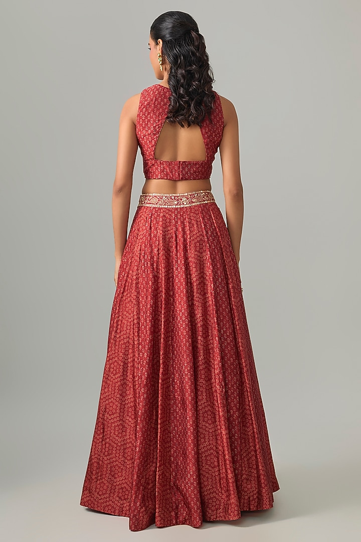 Maroon Dupion Silk Mirror & Zari Embroidered Lehenga Set by Drishti & Zahabia at Pernia's Pop Up Shop