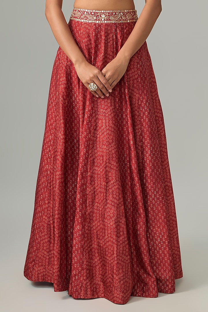 Maroon Dupion Silk Mirror & Zari Embroidered Lehenga Set by Drishti & Zahabia at Pernia's Pop Up Shop