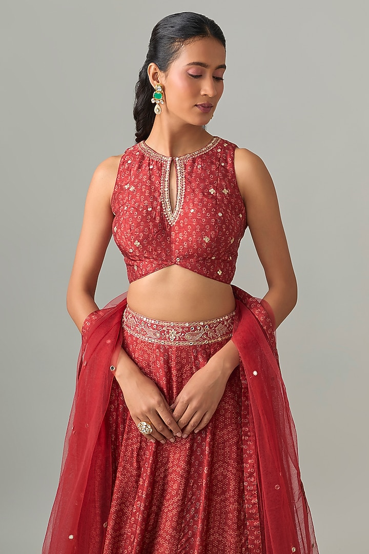 Maroon Dupion Silk Mirror & Zari Embroidered Lehenga Set by Drishti & Zahabia at Pernia's Pop Up Shop