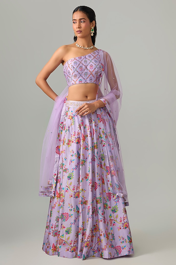 Lilac Dupion Silk Mirror & Zari Embroidered Lehenga Set by Drishti & Zahabia at Pernia's Pop Up Shop