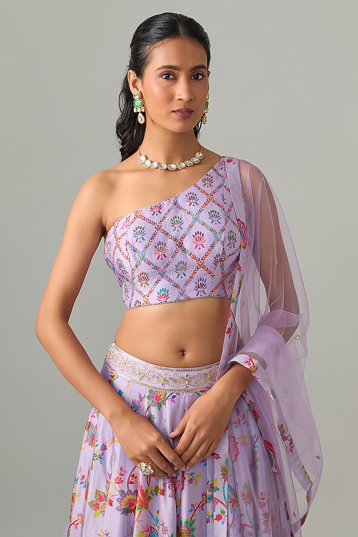 Lilac Dupion Silk Mirror & Zari Embroidered Lehenga Set by Drishti & Zahabia at Pernia's Pop Up Shop