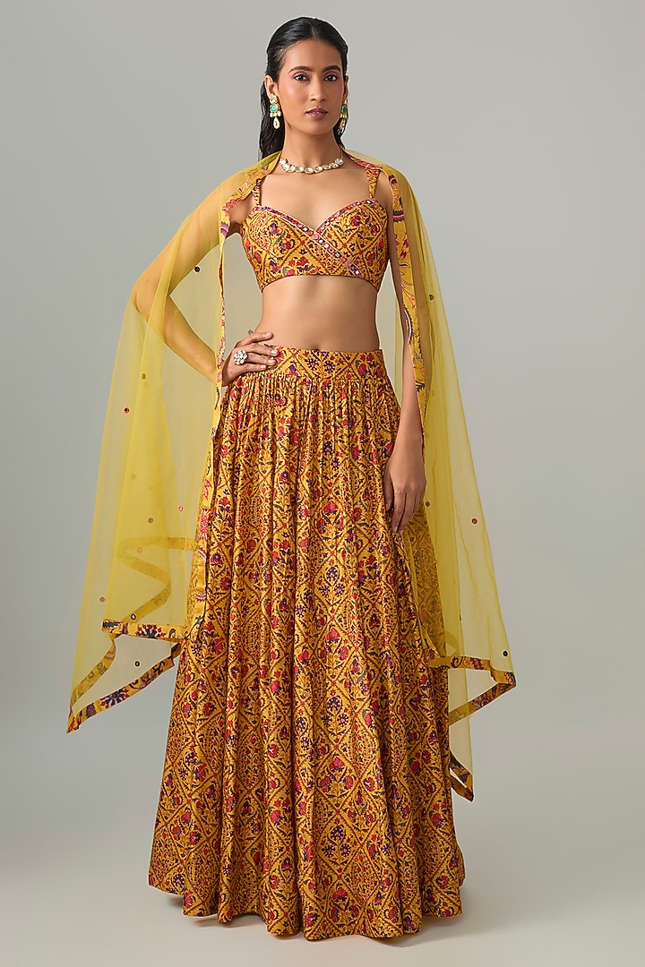Yellow Dupion Silk Mirror Embroidered & Digital Printed Lehenga Set by Drishti & Zahabia at Pernia's Pop Up Shop