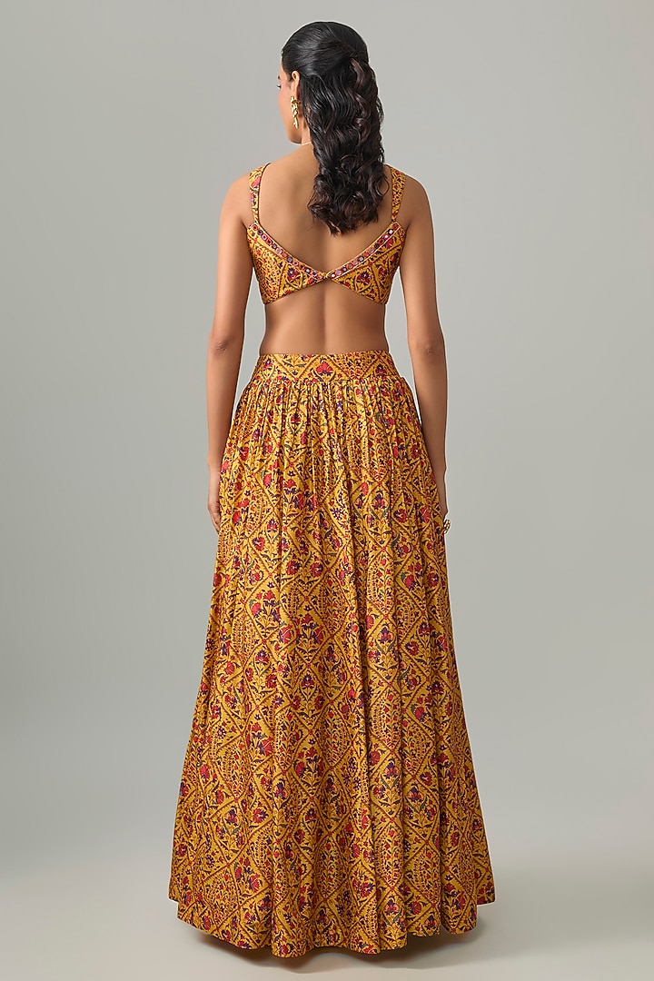 Yellow Dupion Silk Mirror Embroidered & Digital Printed Lehenga Set by Drishti & Zahabia at Pernia's Pop Up Shop