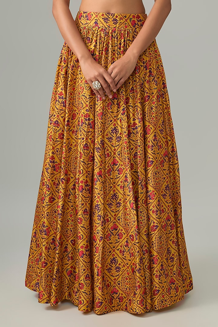 Yellow Dupion Silk Mirror Embroidered & Digital Printed Lehenga Set by Drishti & Zahabia at Pernia's Pop Up Shop