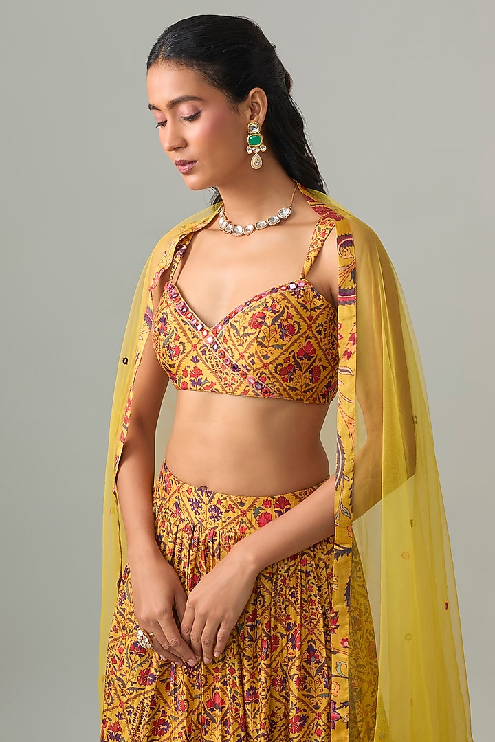 Yellow Dupion Silk Mirror Embroidered & Digital Printed Lehenga Set by Drishti & Zahabia at Pernia's Pop Up Shop