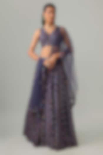 Blue Dupion Silk Mirror Embroidered & Digital Printed Lehenga Set by Drishti & Zahabia at Pernia's Pop Up Shop
