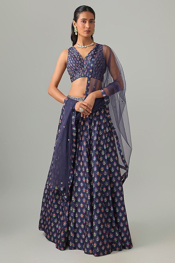 Blue Dupion Silk Mirror Embroidered & Digital Printed Lehenga Set by Drishti & Zahabia at Pernia's Pop Up Shop