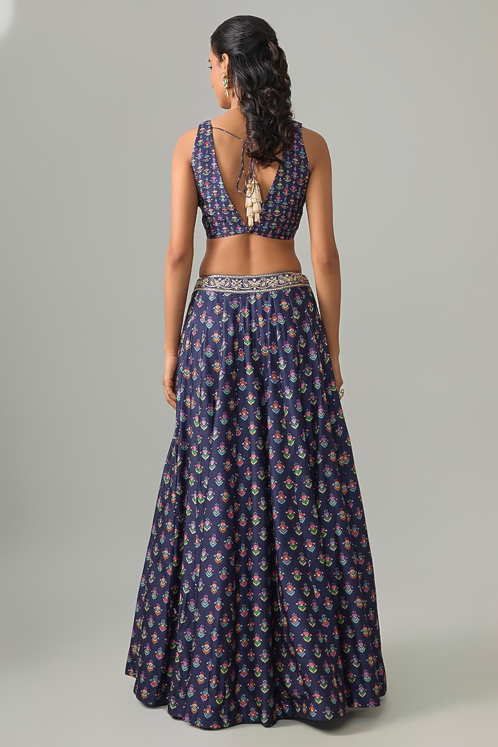 Blue Dupion Silk Mirror Embroidered & Digital Printed Lehenga Set by Drishti & Zahabia at Pernia's Pop Up Shop