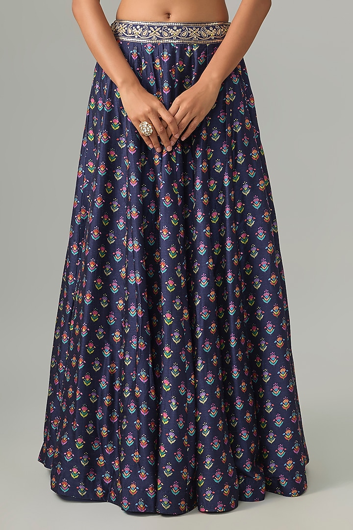 Blue Dupion Silk Mirror Embroidered & Digital Printed Lehenga Set by Drishti & Zahabia at Pernia's Pop Up Shop