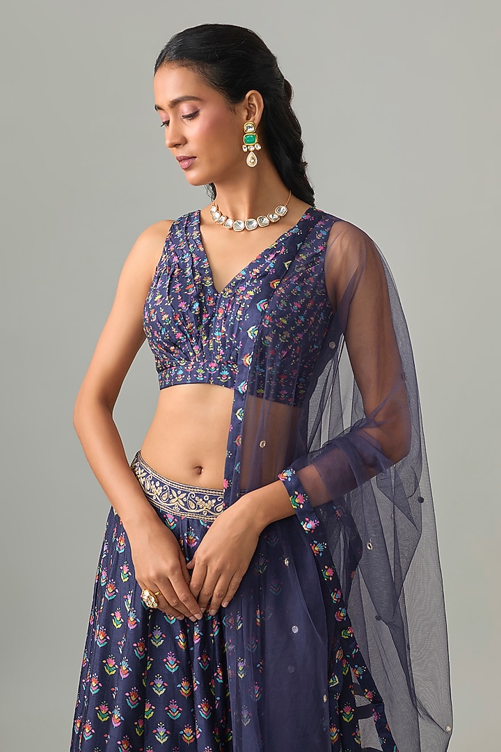 Blue Dupion Silk Mirror Embroidered & Digital Printed Lehenga Set by Drishti & Zahabia at Pernia's Pop Up Shop