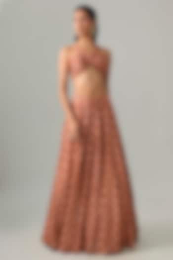 Brick-Colored Dupion Silk Digital Printed Lehenga Set by Drishti & Zahabia at Pernia's Pop Up Shop