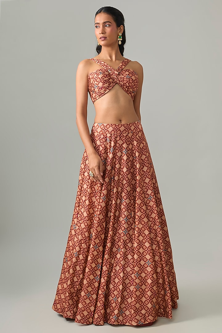 Brick-Colored Dupion Silk Digital Printed Lehenga Set by Drishti & Zahabia at Pernia's Pop Up Shop