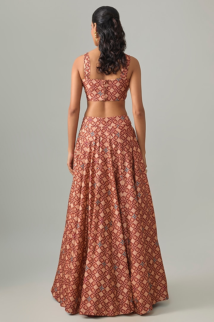Brick-Colored Dupion Silk Digital Printed Lehenga Set by Drishti & Zahabia at Pernia's Pop Up Shop