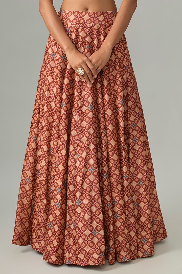 Brick-Colored Dupion Silk Digital Printed Lehenga Set by Drishti & Zahabia at Pernia's Pop Up Shop