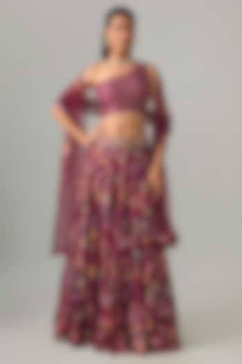 Plum Dupion Silk Mirror Embroidered & Digital Printed Lehenga Set by Drishti & Zahabia at Pernia's Pop Up Shop