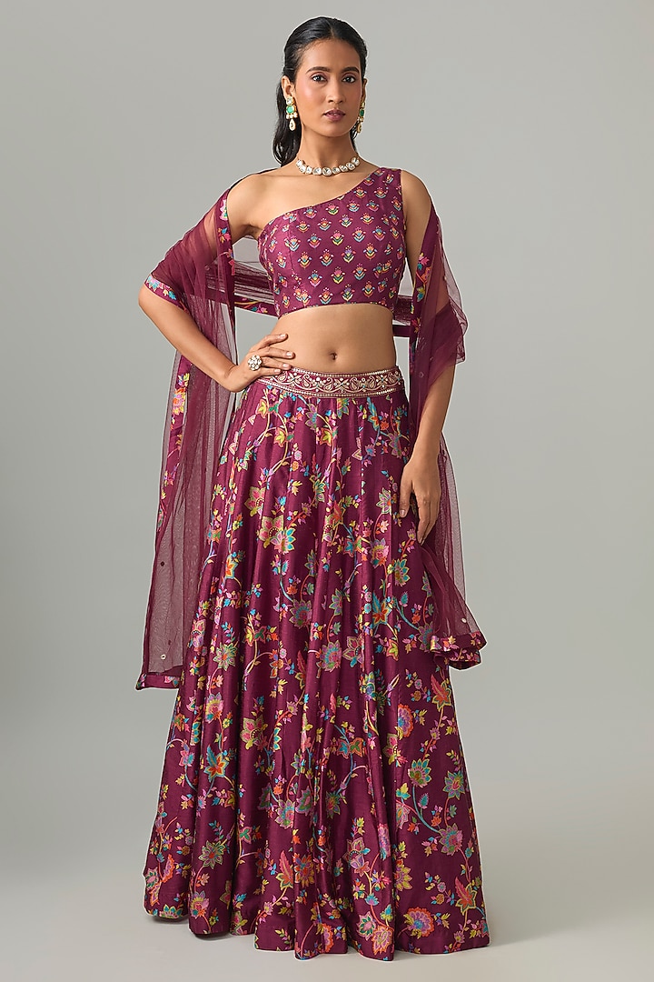 Plum Dupion Silk Mirror Embroidered & Digital Printed Lehenga Set by Drishti & Zahabia at Pernia's Pop Up Shop