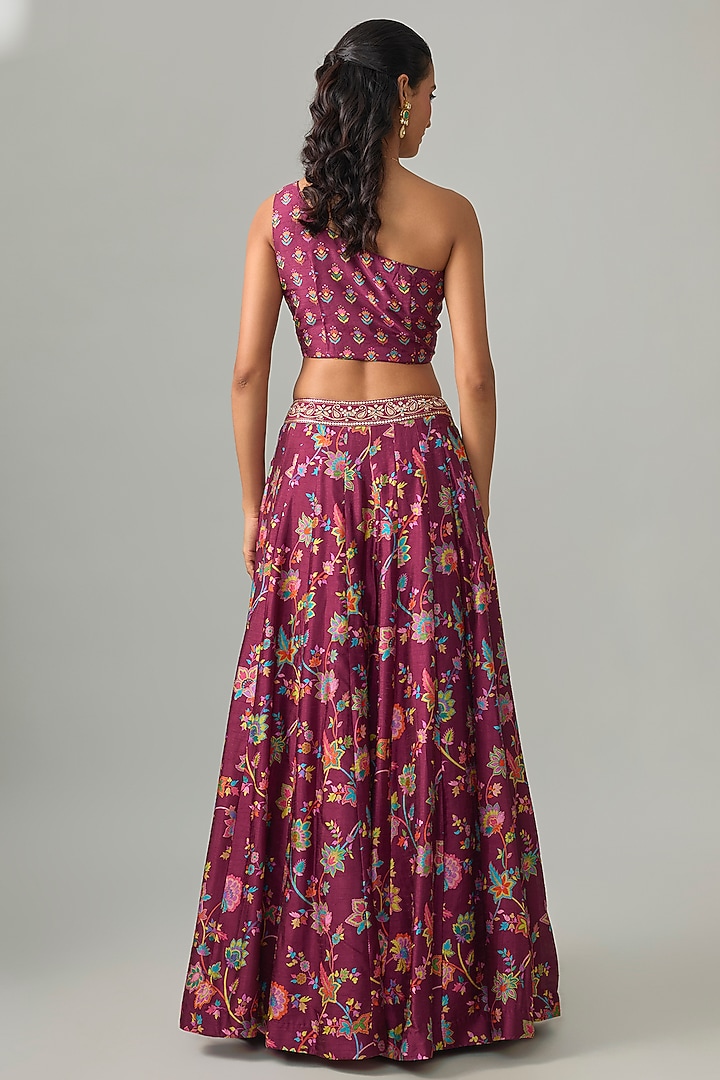 Plum Dupion Silk Mirror Embroidered & Digital Printed Lehenga Set by Drishti & Zahabia at Pernia's Pop Up Shop