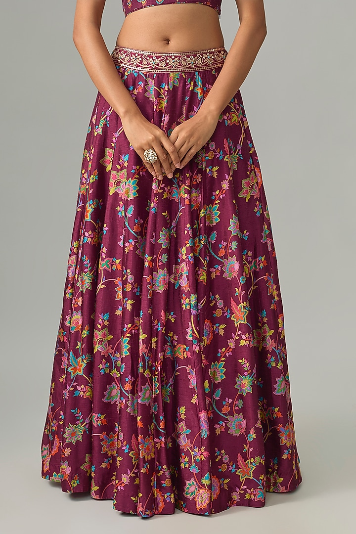 Plum Dupion Silk Mirror Embroidered & Digital Printed Lehenga Set by Drishti & Zahabia at Pernia's Pop Up Shop