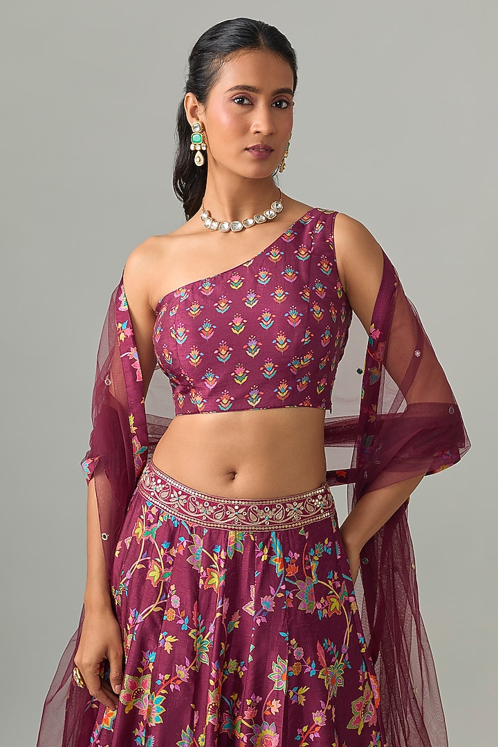 Plum Dupion Silk Mirror Embroidered & Digital Printed Lehenga Set by Drishti & Zahabia at Pernia's Pop Up Shop