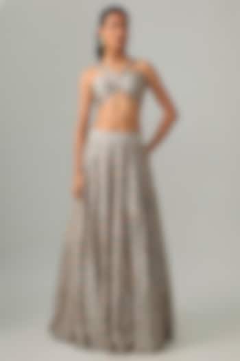 Sea Blue Dupion Silk Digital Printed Lehenga Set by Drishti & Zahabia at Pernia's Pop Up Shop