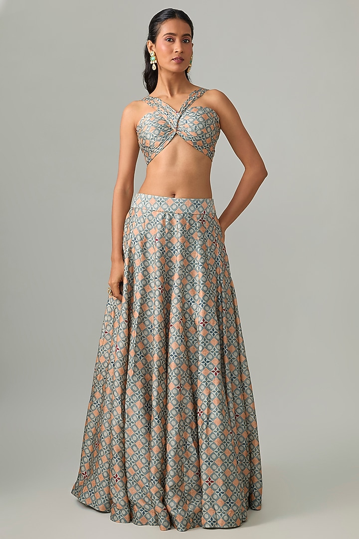 Sea Blue Dupion Silk Digital Printed Lehenga Set by Drishti & Zahabia at Pernia's Pop Up Shop