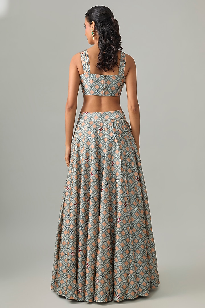 Sea Blue Dupion Silk Digital Printed Lehenga Set by Drishti & Zahabia at Pernia's Pop Up Shop