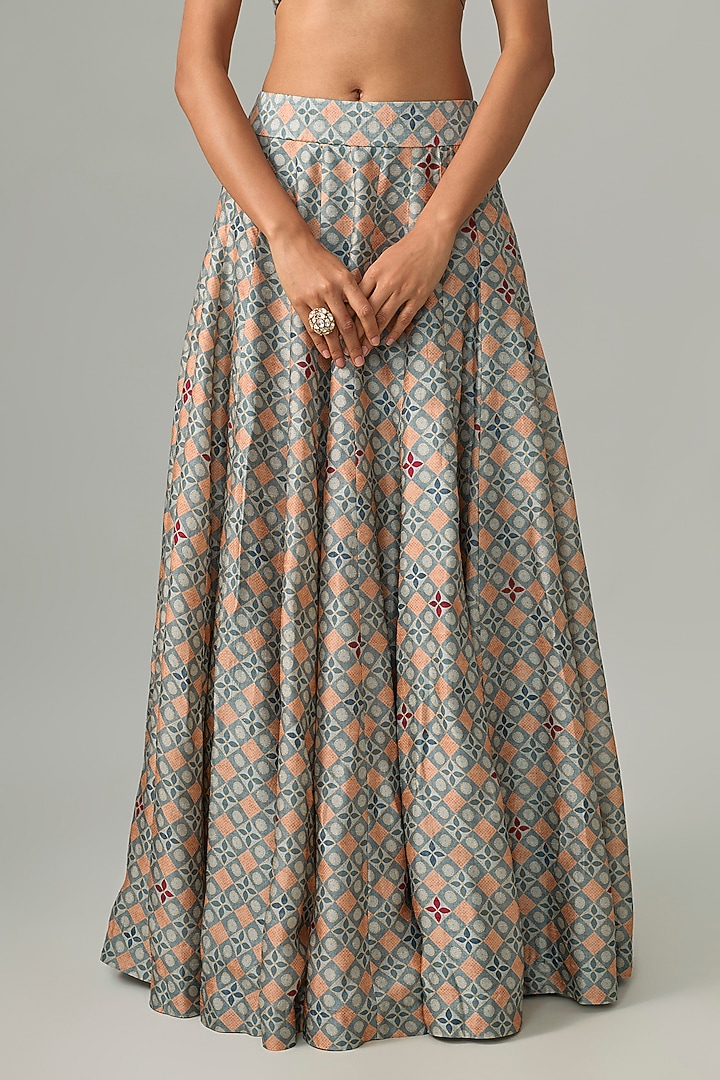 Sea Blue Dupion Silk Digital Printed Lehenga Set by Drishti & Zahabia at Pernia's Pop Up Shop
