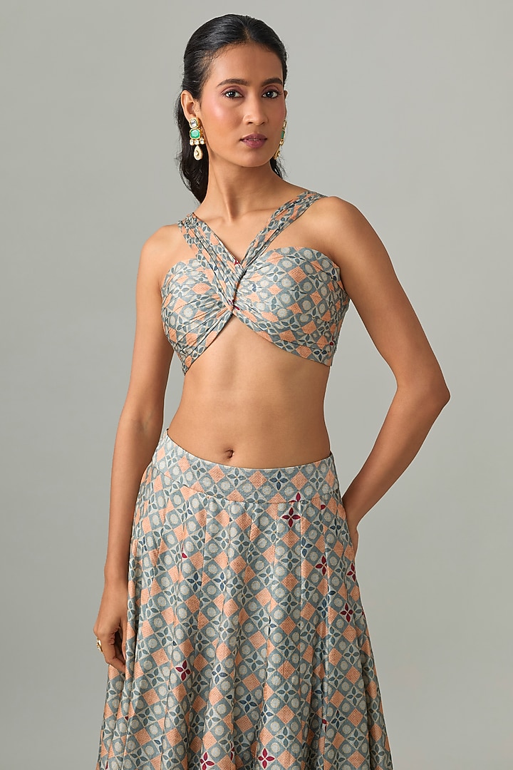 Sea Blue Dupion Silk Digital Printed Lehenga Set by Drishti & Zahabia at Pernia's Pop Up Shop