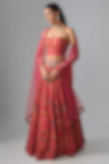 Red Dupion Silk Mirror Embroidered & Digital Printed Lehenga Set by Drishti & Zahabia at Pernia's Pop Up Shop