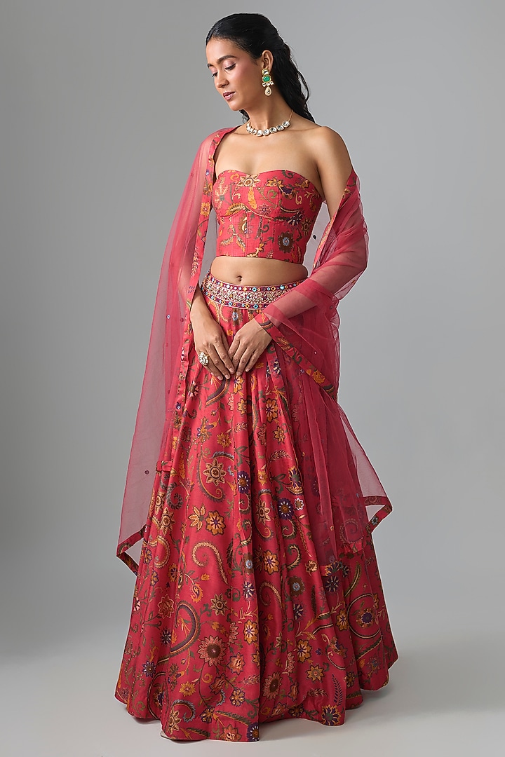 Red Dupion Silk Mirror Embroidered & Digital Printed Lehenga Set by Drishti & Zahabia at Pernia's Pop Up Shop
