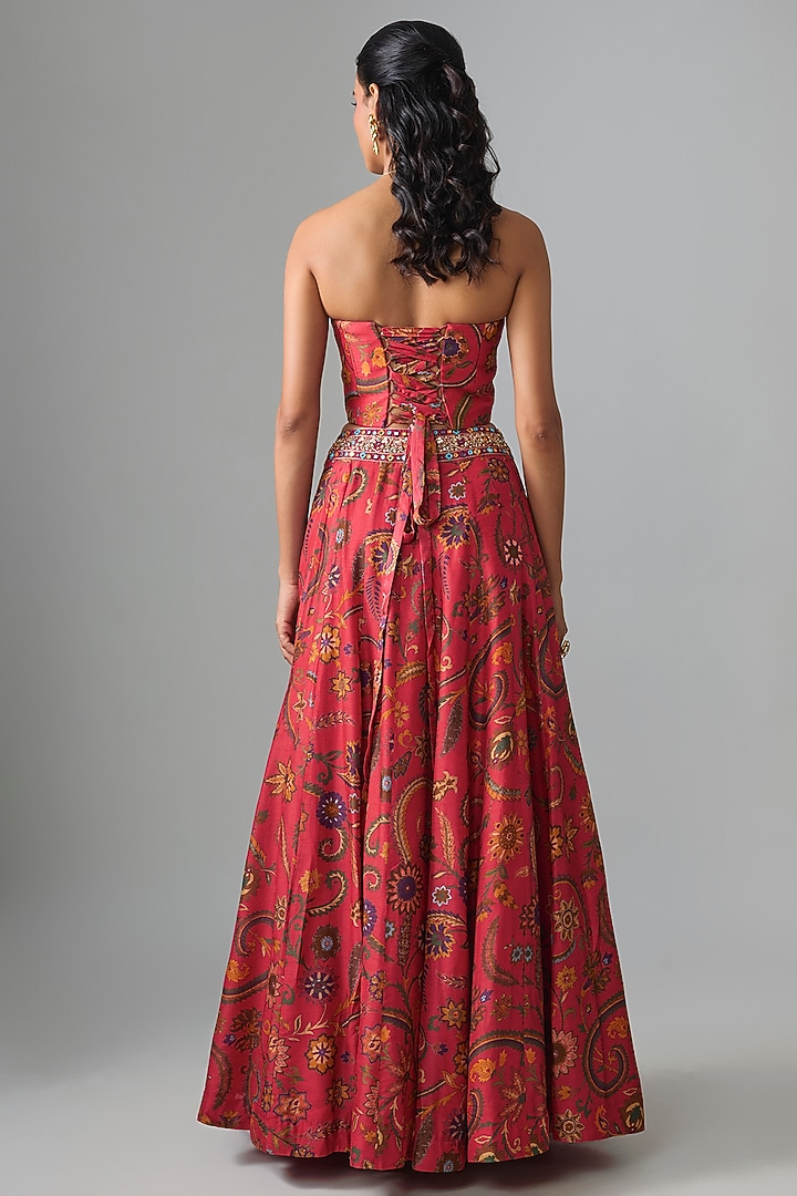 Red Dupion Silk Mirror Embroidered & Digital Printed Lehenga Set by Drishti & Zahabia at Pernia's Pop Up Shop