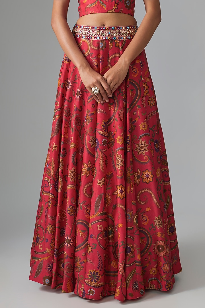 Red Dupion Silk Mirror Embroidered & Digital Printed Lehenga Set by Drishti & Zahabia at Pernia's Pop Up Shop