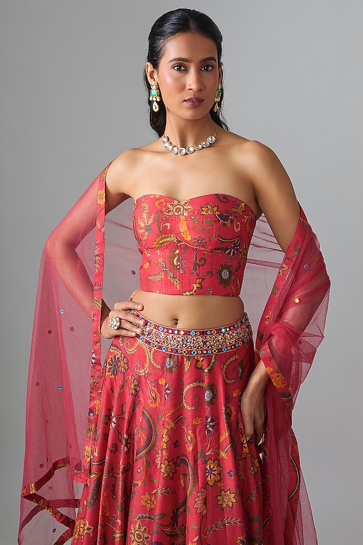 Red Dupion Silk Mirror Embroidered & Digital Printed Lehenga Set by Drishti & Zahabia at Pernia's Pop Up Shop