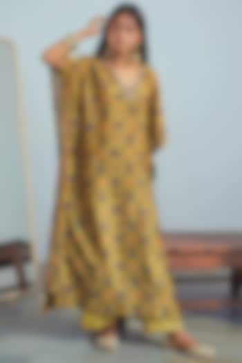 Lime Green Embroidered & Printed Kaftan Set by Drishti & Zahabia at Pernia's Pop Up Shop