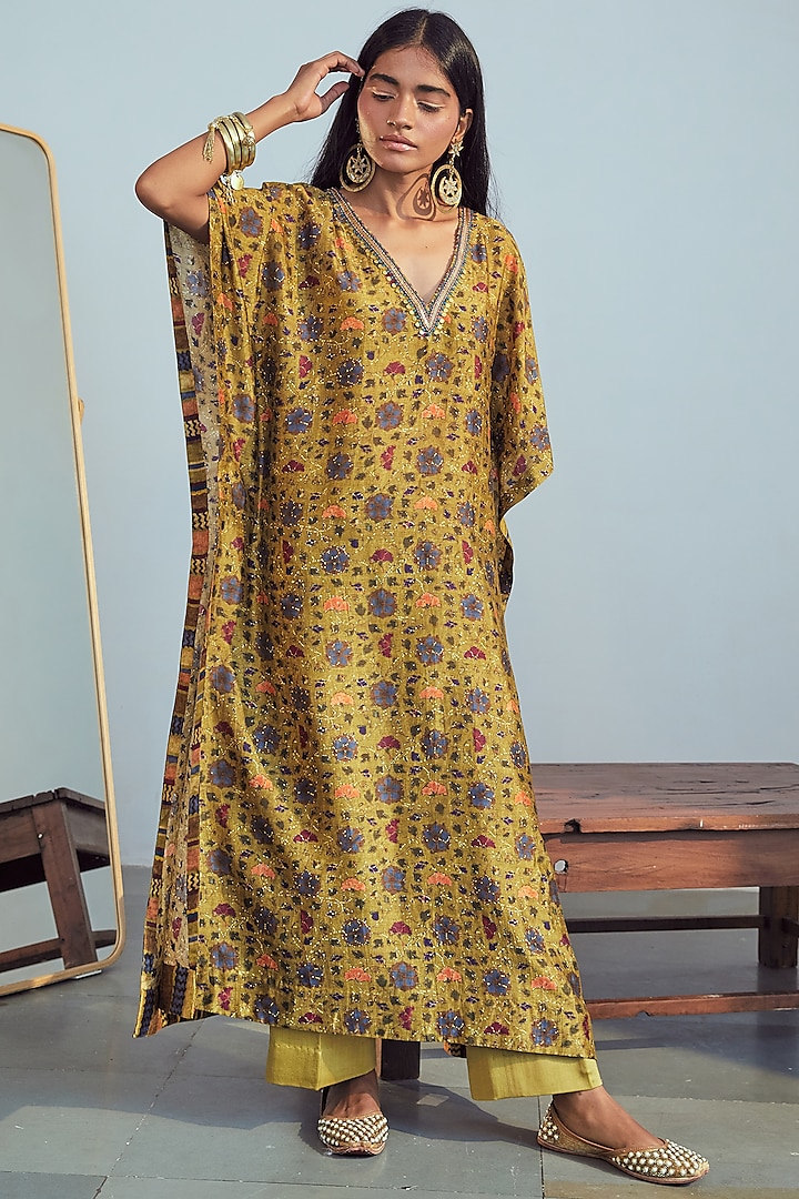 Lime Green Embroidered & Printed Kaftan Set by Drishti & Zahabia at Pernia's Pop Up Shop