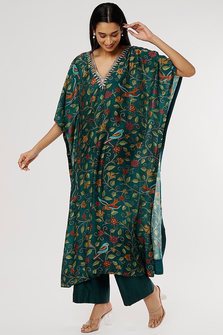 Teal Embroidered Kaftan Set by Drishti & Zahabia at Pernia's Pop Up Shop