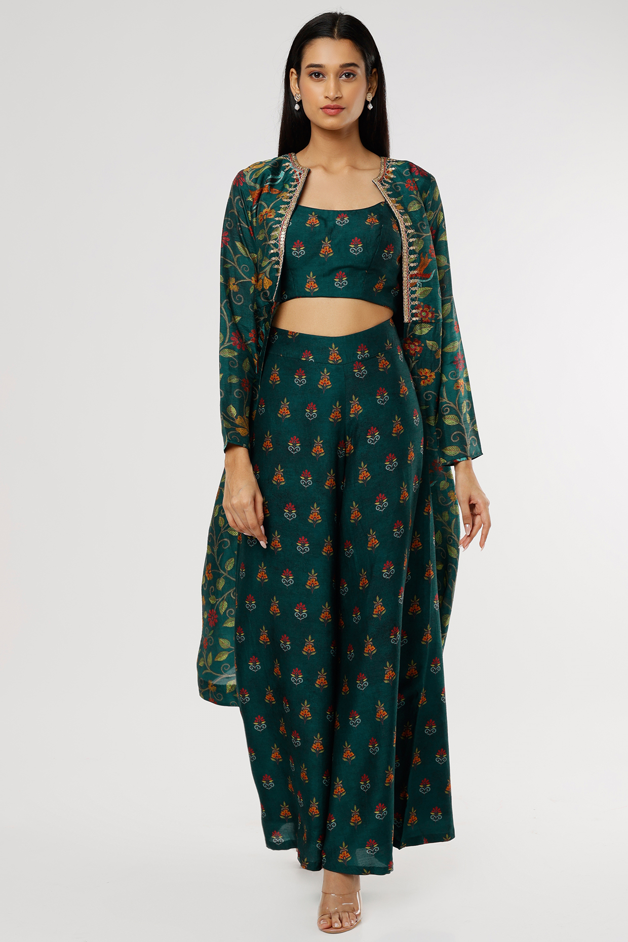 Teal Embroidered Jacket Set by Drishti & Zahabia at Pernia's Pop Up Shop
