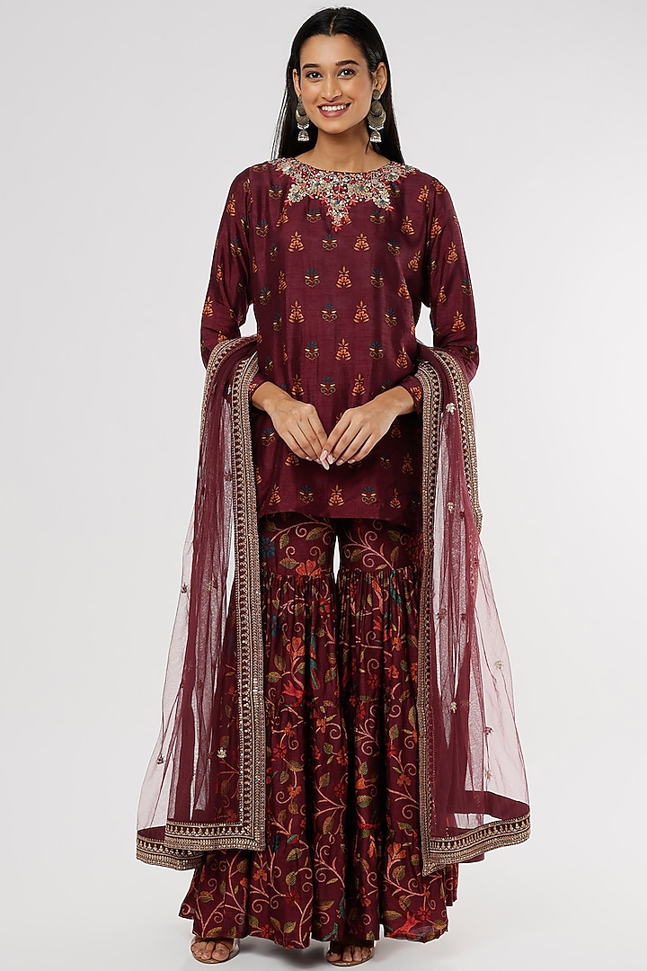 Maroon Floral Printed Sharara Set by Drishti & Zahabia at Pernia's Pop Up Shop