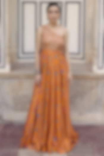 Tangerine Dupion Silk Printed & Hand Embroidered One-Shoulder Maxi Dress by Drishti & Zahabia at Pernia's Pop Up Shop