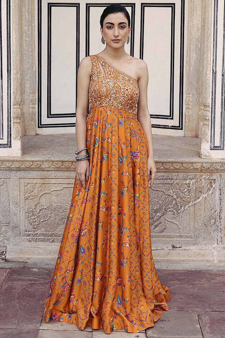 Tangerine Dupion Silk Printed & Hand Embroidered One-Shoulder Maxi Dress by Drishti & Zahabia at Pernia's Pop Up Shop