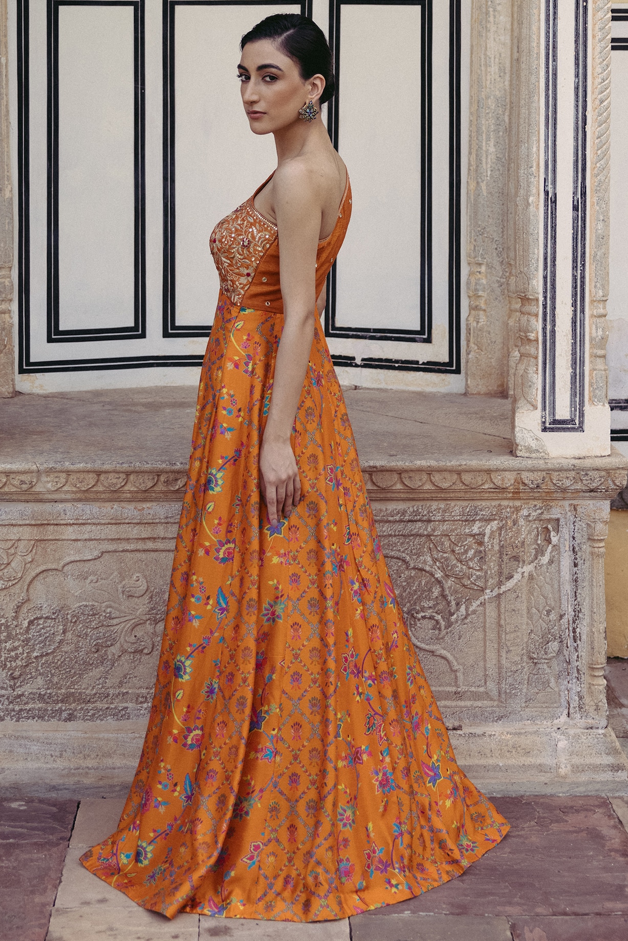 Buy Tangerine Crop Top With Paneled Pants by Designer DRISHTI AND ZAHABIA  Online at