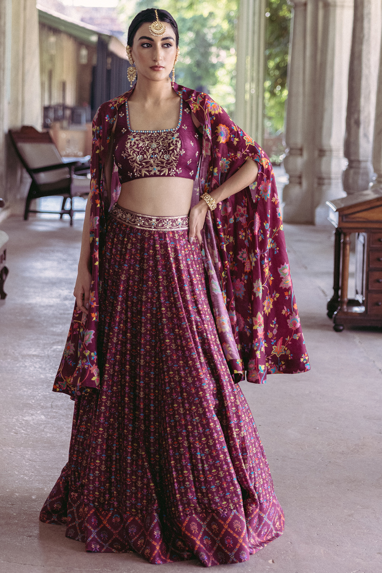 Plum Dupion Silk Printed & Hand Embroidered Wedding Lehenga Set by Drishti & Zahabia at Pernia's Pop Up Shop