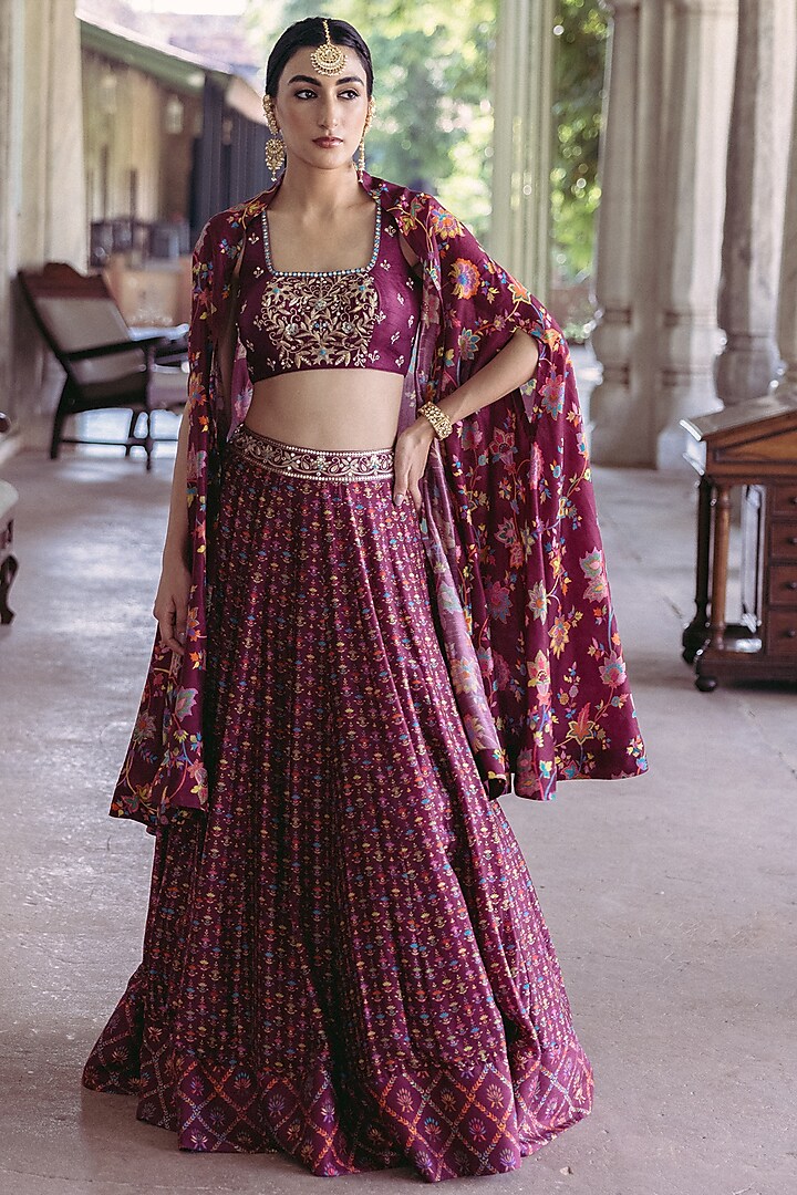 Plum Dupion Silk Printed & Hand Embroidered Wedding Lehenga Set by Drishti & Zahabia at Pernia's Pop Up Shop