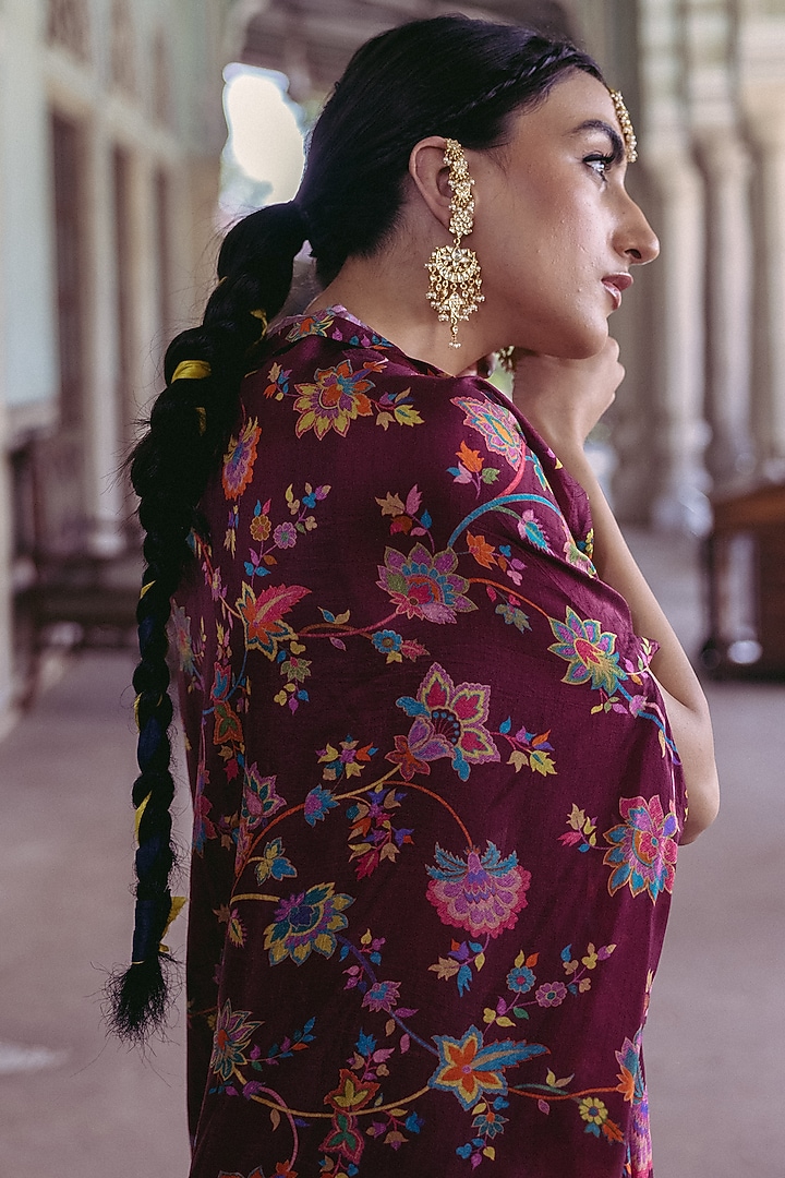 Plum Dupion Silk Printed & Hand Embroidered Wedding Lehenga Set by Drishti & Zahabia at Pernia's Pop Up Shop