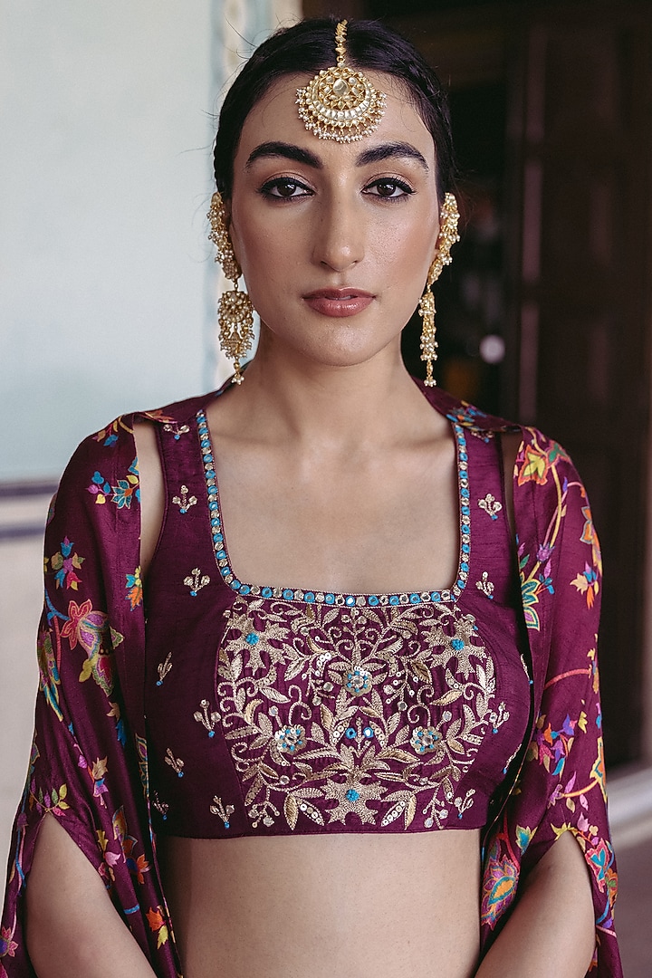 Plum Dupion Silk Printed & Hand Embroidered Wedding Lehenga Set by Drishti & Zahabia at Pernia's Pop Up Shop