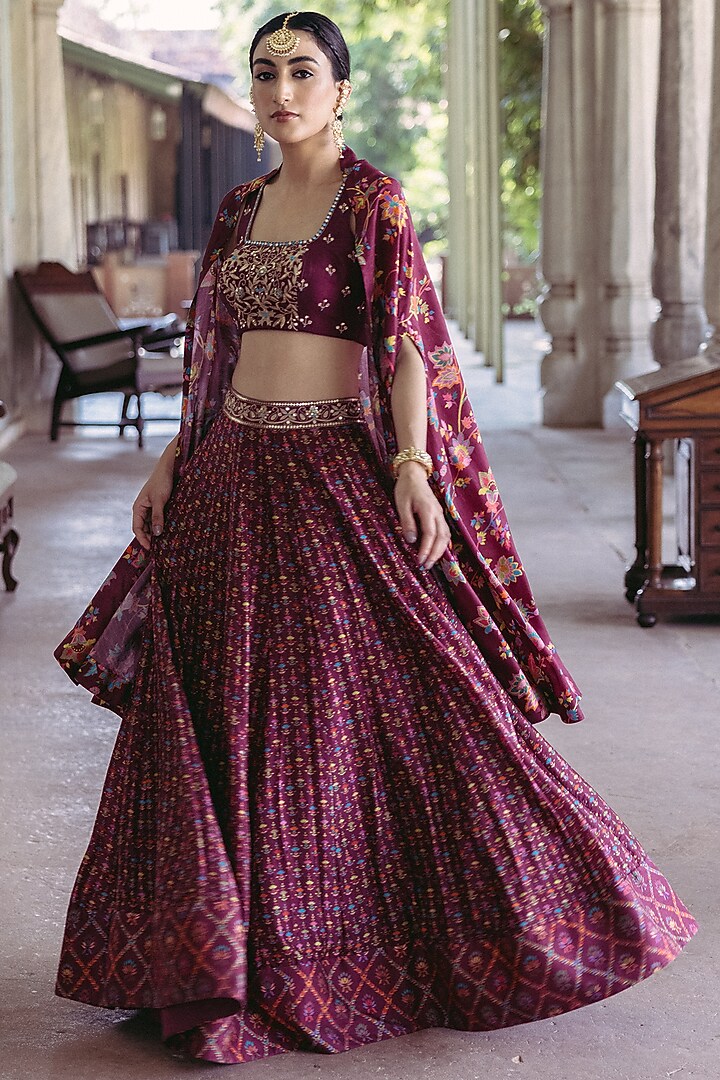Plum Dupion Silk Printed & Hand Embroidered Wedding Lehenga Set by Drishti & Zahabia at Pernia's Pop Up Shop