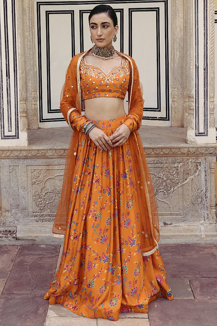 Tangerine Dupion Silk Printed Wedding Lehenga Set by Drishti & Zahabia at Pernia's Pop Up Shop