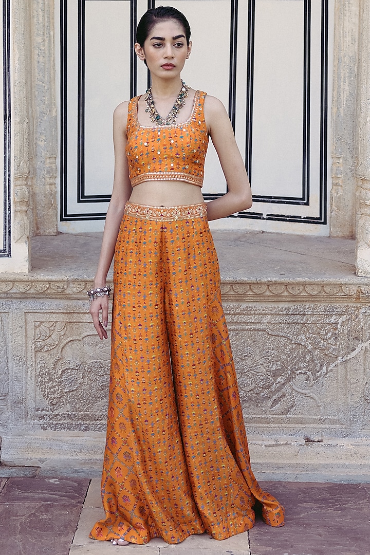 Tangerine Dupion Silk Printed Pant Set by Drishti & Zahabia at Pernia's Pop Up Shop